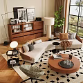 Modern Curved Beige Sofa And Coffee Table Set With Decorative Pillows And Geometric Rug