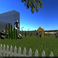 Bright Yellow Landscape Pavilion With Red Roof Green Grass Mushroom Decorations And People Walking Around