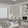 Tatami Bedroom Interior Design With Window Blinds White Cabinets Bookshelves Desk Laptop Chair And Plant