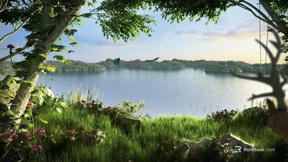 Serene Lake Scenery With Green Grass Trees Flowers Distant Islands And Clear Sky 3d model 