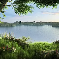 Serene Lake Scenery With Green Grass Trees Flowers Distant Islands And Clear Sky