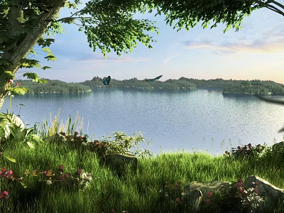 Serene Lake Scenery With Green Grass Trees Flowers Distant Islands And Clear Sky 3d model