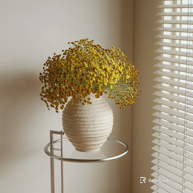 Full Yellow Flowers In Textured Vase On Metal Stand Table With Window Blinds 3d model 