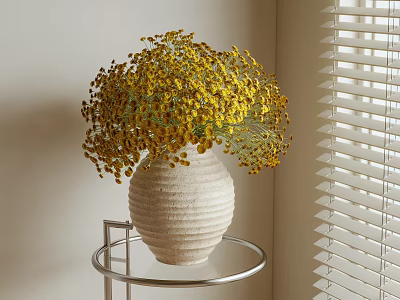 Full Yellow Flowers In Textured Vase On Metal Stand Table With Window Blinds 3d model