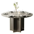 Round Stylish Dining Tables With Tableware Green Plants And Various Base Designs 3d model