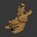 Traditional Guardian Lion Sculpture Featuring Curled Mane Claw Details And Crouching Posture