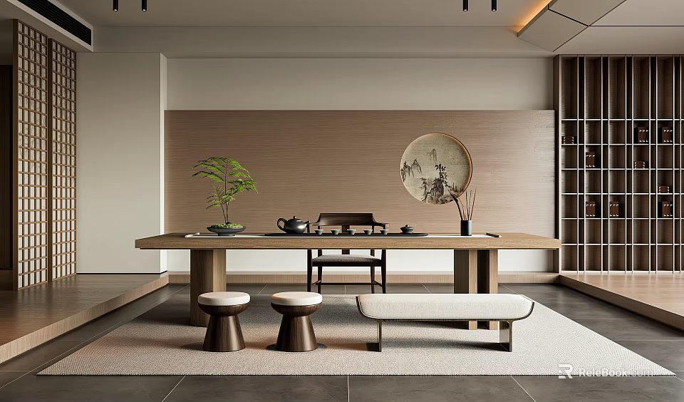 Minimalist Tea Room Interior With Long Wooden Table Tea Sets Circular Painting And Green Plant 3d model 