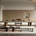 Minimalist Tea Room Interior With Long Wooden Table Tea Sets Circular Painting And Green Plant