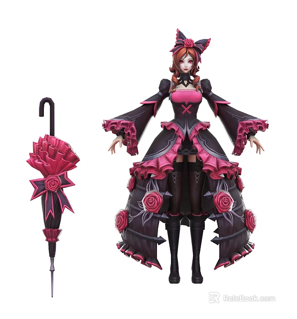 Game Movie Character With Rose Decorated Black Pink Dress And Umbrella Accessory 3d model 