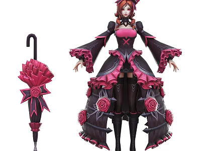 Game Movie Character With Rose Decorated Black Pink Dress And Umbrella Accessory 3d model