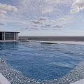 Modern Style Pergola Design With Gray Lattice White Columns And Small Pool
