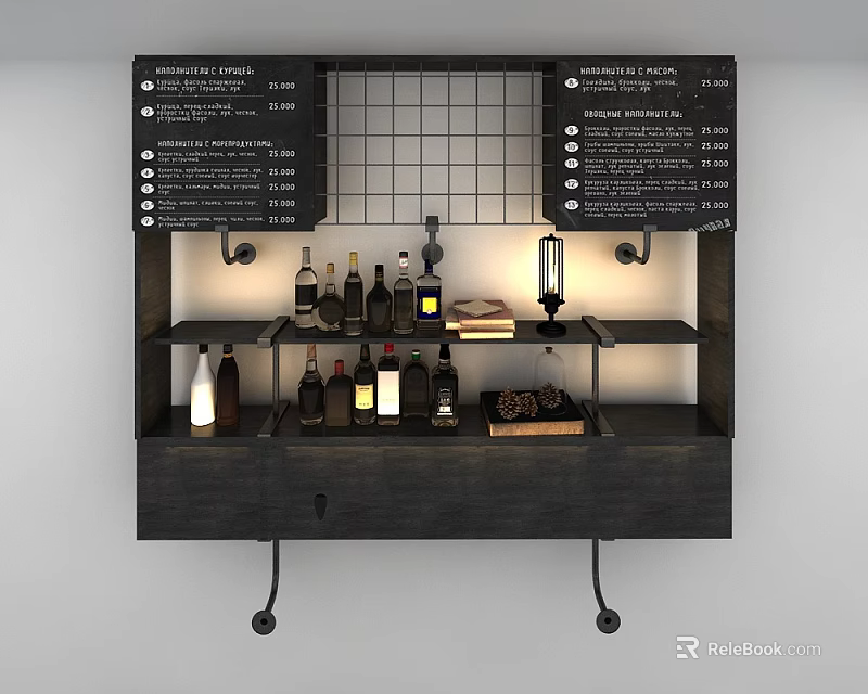 Rustic Wooden Wall Mounted Shelf Cabinet With Chalkboard Menu Boards Wine Bottles And Decorative Items 3d model 