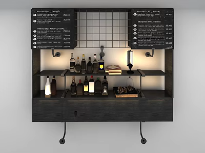 Rustic Wooden Wall Mounted Shelf Cabinet With Chalkboard Menu Boards Wine Bottles And Decorative Items 3d model