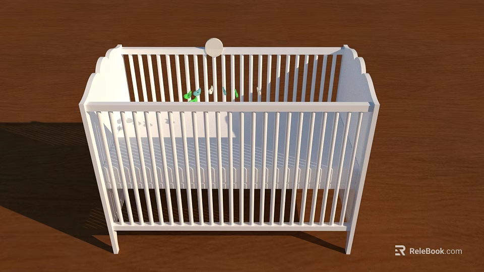 White Wooden Baby Crib With Slatted Rails And Simple Design On Wooden Floor 3d model 