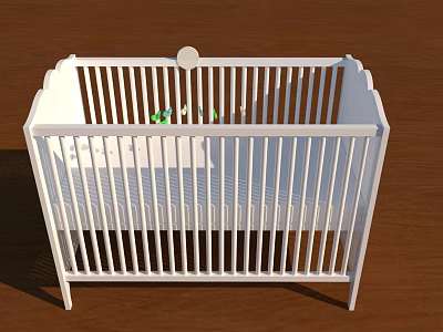 White Wooden Baby Crib With Slatted Rails And Simple Design On Wooden Floor 3d model