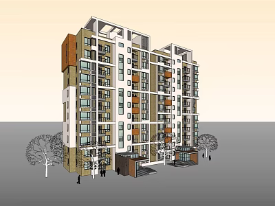 Modern Multistory Residential Building Exterior With Balconies Trees Pedestrians And Entrance Area 3d model