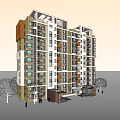 Modern Multistory Residential Building Exterior With Balconies Trees Pedestrians And Entrance Area