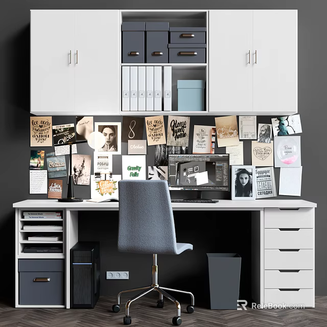 Stylish Home Office Desk With Wall Posters Photos Drawers And Chair 3d model 