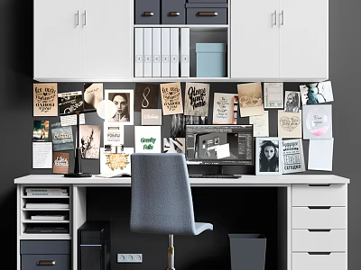 Stylish Home Office Desk With Wall Posters Photos Drawers And Chair 3d model