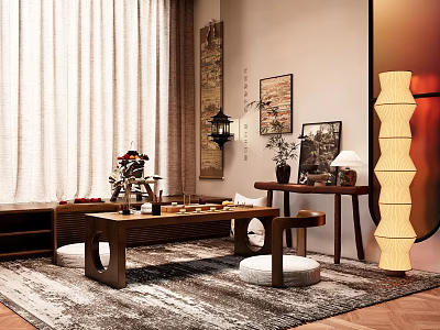 Traditional Tea Room Interior With Wooden Tea Table Lantern And Floor Cushions 3d model