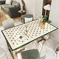 Elegant Modern Dining Table Set With Gold Patterned Tablecloth Green Border Tableware And Chairs 3d model