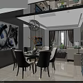 Modern Dining Living Room Interior Featuring Gray Chairs Dining Table Chandelier Abstract Painting And Sofa