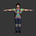 3D Animated Character Wearing Colorful Tie Dye Shirt Gray Pants Knee Pads Arms Outstretched