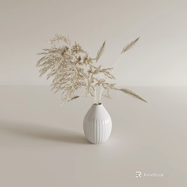 White Ribbed Ceramic Vase With Dried Grass Flowers On Light Surface 3d model