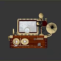 Vintage Retro Assembled Device With Red Wooden Case Golden Decorations Gramophone Horn And Typewriter