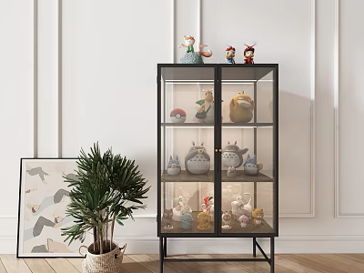Modern Decorative Cabinet With Glass Doors Displaying Figurines Potted Plant Wooden Floor White Wall 3d model