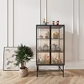 Modern Decorative Cabinet With Glass Doors Displaying Figurines Potted Plant Wooden Floor White Wall