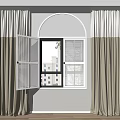 Two Tone Grey And Beige Curtains With White Shutters On Arched Window Frame