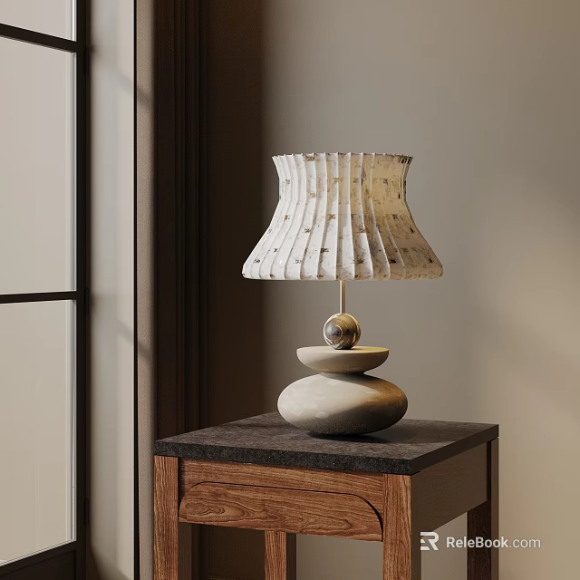 Modern Table Lamp With White Pleated Lampshade And Stone Base On Wooden Nightstand 3d model 