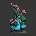 Cartoon Scene With Pink Flowers Blue Vase Green Leaves And Decorative Base