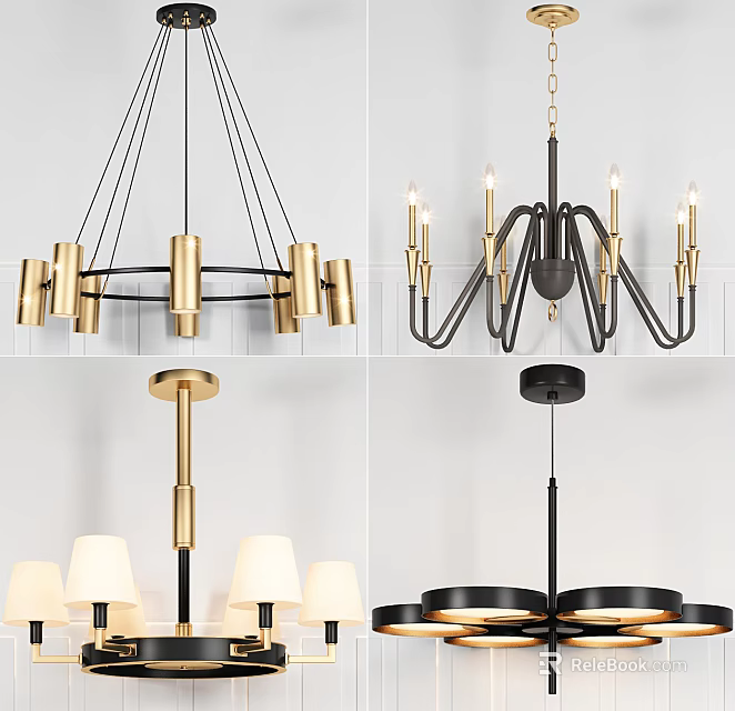 Stylish Modern Chandeliers With Gold Black Metal Frames And Multi Light Design 3d model