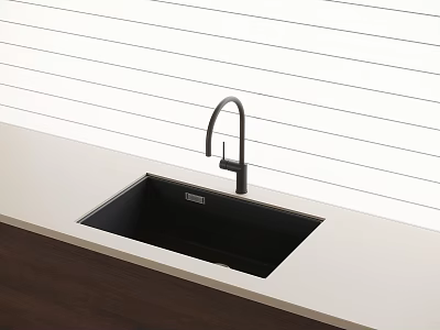 Black Kitchen Sink With Modern Curved Faucet On Light Countertop Against Vertical Striped White Wall 3d model