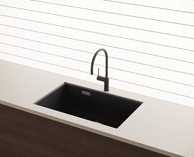 Black Kitchen Sink With Modern Curved Faucet On Light Countertop Against Vertical Striped White Wall 3d model