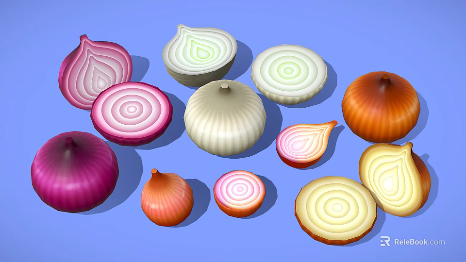 Fresh Colorful Onions Whole And Sliced Varieties On Blue Background 3d model 