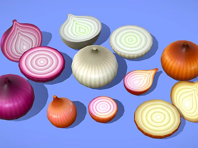 Fresh Colorful Onions Whole And Sliced Varieties On Blue Background 3d model
