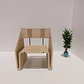 Modern Wooden Chair With Slat Structure And Green Plant In Minimalist Space