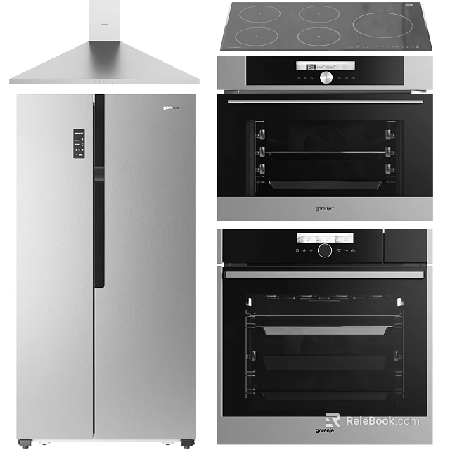 Modern Kitchen Appliances Including Stainless Steel Refrigerator And Built In Ovens With Range Hood 3d model 