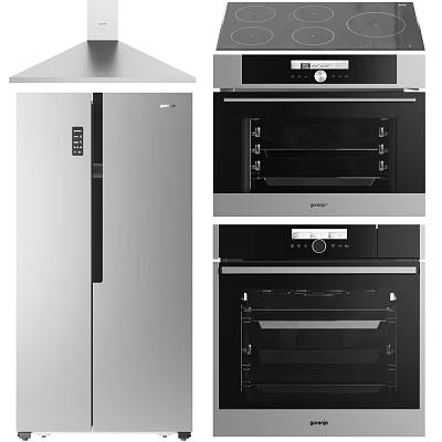 Modern Kitchen Appliances Including Stainless Steel Refrigerator And Built In Ovens With Range Hood 3d model