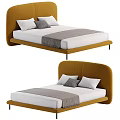 Modern Double Bed With Yellow Velvet Curved Headboard White Sheets Gray Blanket And Pillows
