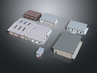 Various Small Industrial Building Models With Diverse Roof Designs And Structures 3d model
