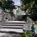 Natural Stone Stairs In Outdoor Garden With Lush Greenery And Rocks
