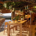 Natural Ambiance Wooden Dining Kitchen Interior With Green Plants Hanging Lights And Dining Table Chairs