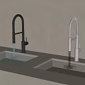 Two Modern Kitchen Faucets Black Curved And Silver Pull Down With Water Flowing 3d model