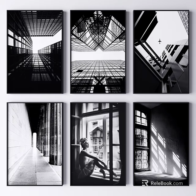 Black and White Architectural Photography Prints Featuring Urban Building Structures and Light Effects 3d model 
