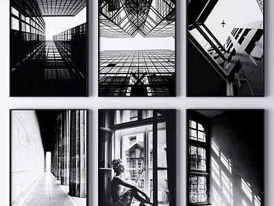 Black and White Architectural Photography Prints Featuring Urban Building Structures and Light Effects 3d model