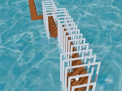 Unique Bridge Structure With White Frames And Wooden Walkway Over Blue Water 3d model